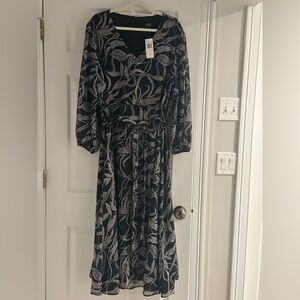 MSK Black Dress with White Leaf Print, Long Sleeve Midi